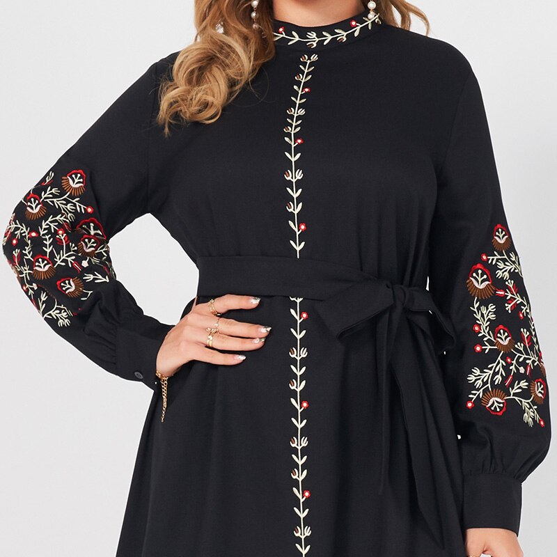 2021 New Summer Dress Woman Plus Size Black Resort Small Stand Collar Floral Embroidery Long Sleeve Loose Sashes Elegant Robes