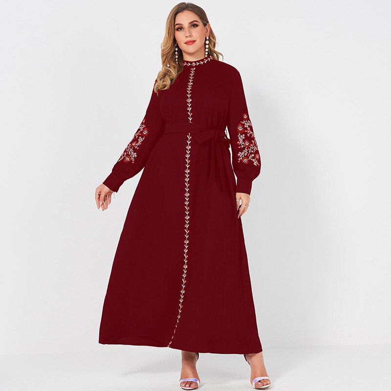 2021 New Summer Dress Woman Plus Size Red Resort Small Stand Collar Floral Embroidery Long Sleeve Loose Sashes Elegant Robes