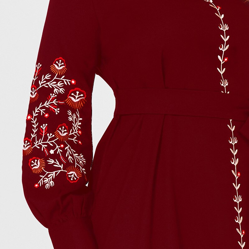 2021 New Summer Dress Woman Plus Size Red Resort Small Stand Collar Floral Embroidery Long Sleeve Loose Sashes Elegant Robes