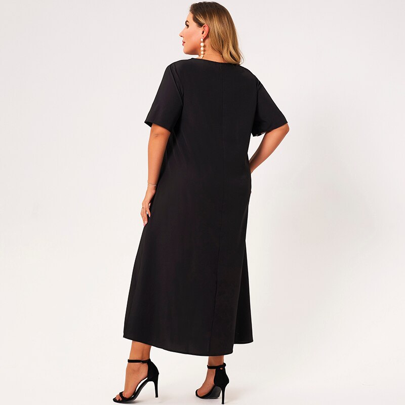 2021 New Summer Dress Women Plus Size Black O-neck Short Sleeves Patchwork Polka Dot Striped Print Loose Casual Maxi Dresses 4XL