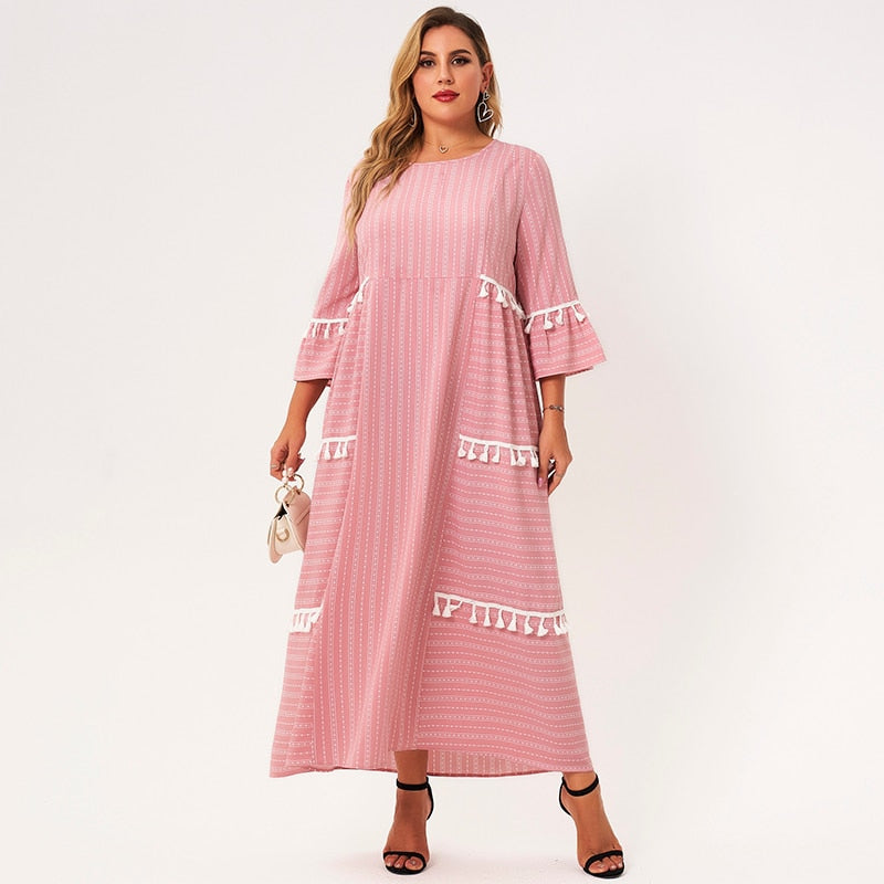 2021 New Summer Dress Women Plus Size Pink Striped Stitching White Tassel O-neck Half Sleeves Loose Bohemian Sweet Maxi Dresses