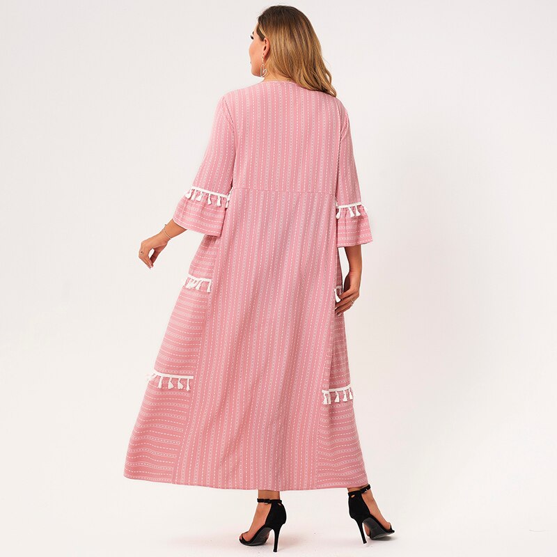 2021 New Summer Dress Women Plus Size Pink Striped Stitching White Tassel O-neck Half Sleeves Loose Bohemian Sweet Maxi Dresses