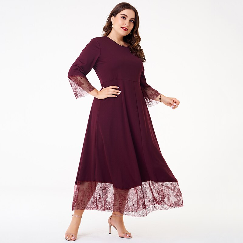 2021 New Summer Dress Women Plus Size Wine Red Floral Lace Patchwork Vintage O-neck Long Sleeve Midi Dresses Elegant Party Robes