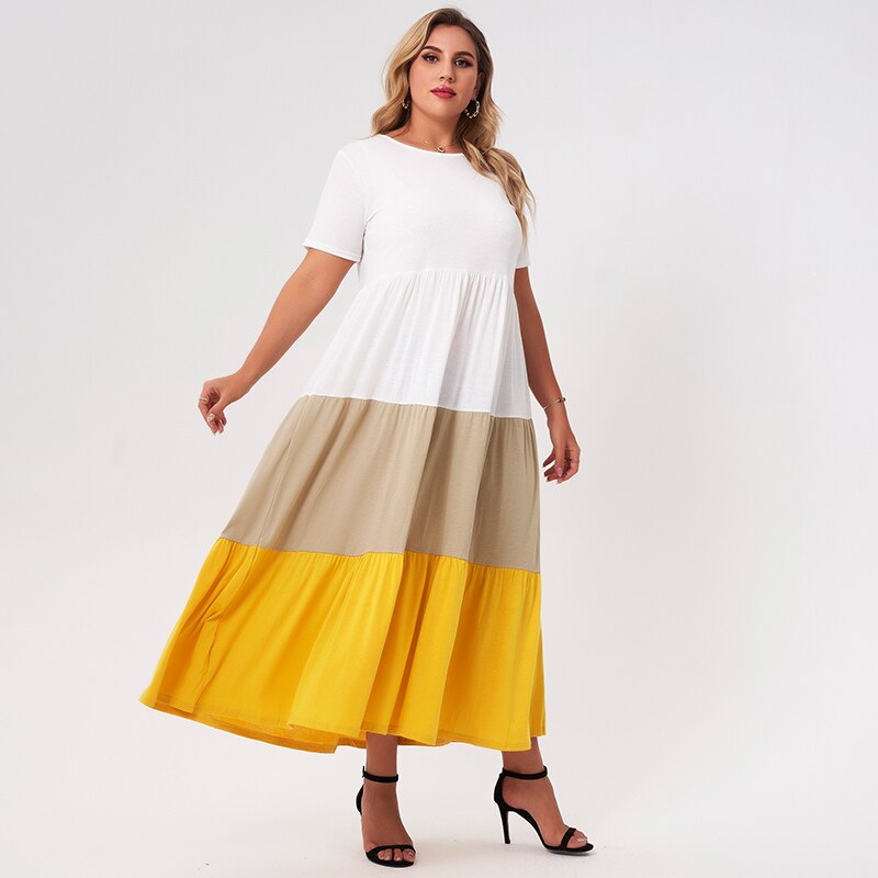 2021 New Summer Long Dress Women Plus Size White Yellow Tan Patchwork Loose Casual Holiday Pleated Short Sleeve Maxi Dresses 4XL