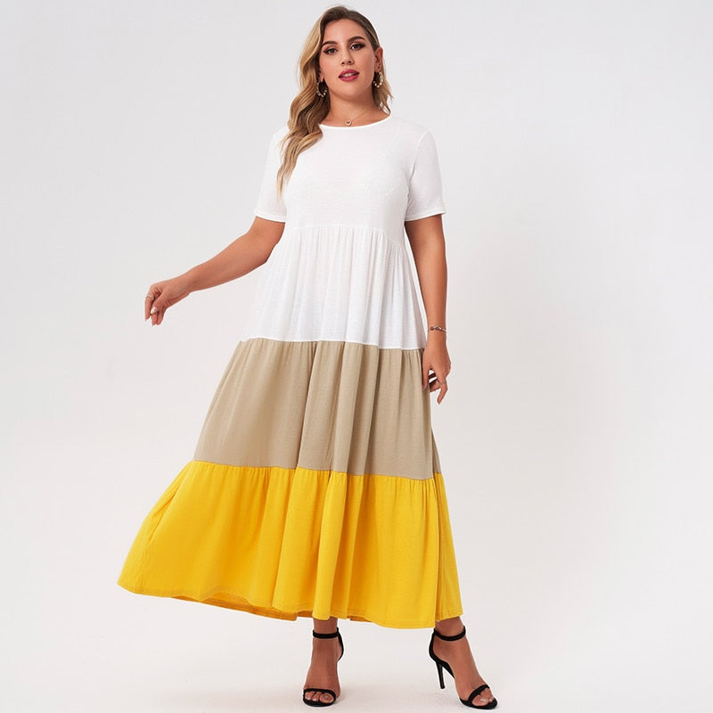 2021 New Summer Long Dress Women Plus Size White Yellow Tan Patchwork Loose Casual Holiday Pleated Short Sleeve Maxi Dresses 4XL