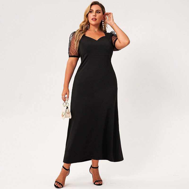 2021 New Summer Maxi Dress Women Black Loose Lace Patchwork Puffy Short Sleeve V-neck Elegant Vintage High-waist Long Robes 4XL