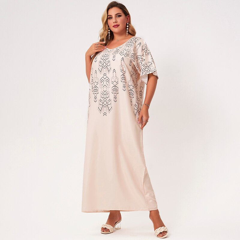 2021 New Summer Maxi Dress Women Plus Size Apricot V-neck Short Sleeve Loose Retro Geometric Print Casual Elegant Long Robes 4XL