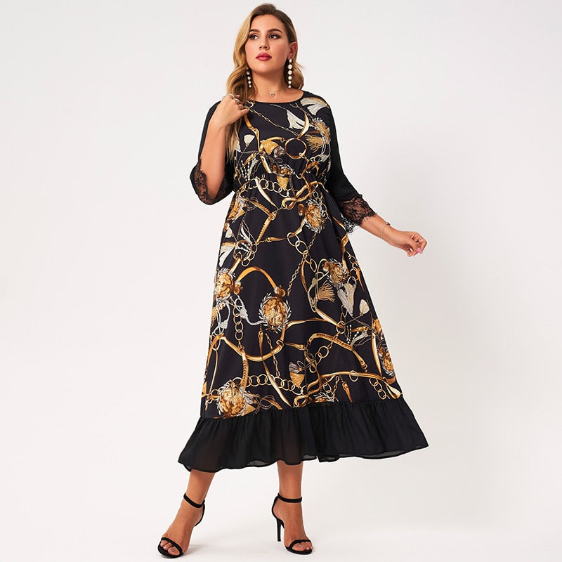 2021 New Summer Maxi Dress Women Plus Size Black Lace Patchwork 3/4 Sleeve Golden Chain Printing Ruffle Hem Loose Vintage Robes