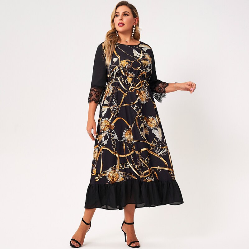 2021 New Summer Maxi Dress Women Plus Size Black Lace Patchwork 3/4 Sleeve Golden Chain Printing Ruffle Hem Loose Vintage Robes