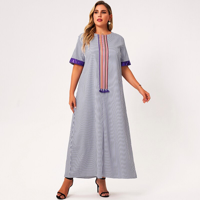 2021 New Summer Maxi Dress Women Plus Size Blue Loose Tassel Vertisal Stripe Hemmed Short Sleeve Large Size Vintange Party Robes