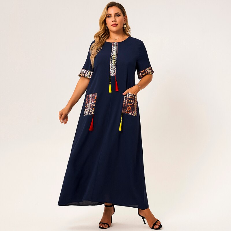 2021 New Summer Maxi Dress Women Plus Size Deep Blue Loose Tassel Pockects O-neck Hemmed Half Sleeve Vintange Elegant Party Robe