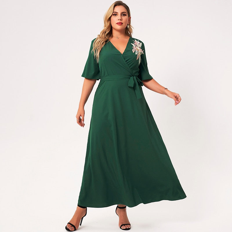 2021 New Summer Maxi Dress Women Plus Size Green Ruffle Half Sleeve Sashes 3D Flower V-neck A-line Vintage Party Long Robes 4XL