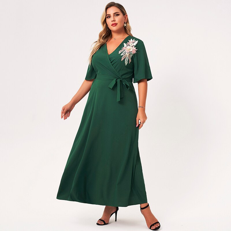2021 New Summer Maxi Dress Women Plus Size Green Ruffle Half Sleeve Sashes 3D Flower V-neck A-line Vintage Party Long Robes 4XL