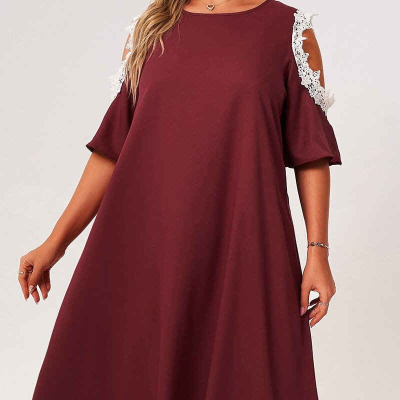 2021 New Summer Maxi Dress Women Plus Size Red Solid Color Lace Petal Half Sleeve Loose Large Casual Long Robes Party Dresses