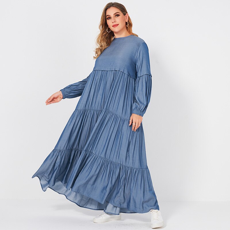 2021 New Summer Maxi Dress Women Plus Size Solid Blue O-neck Pleated Cake Loose Large Size Big Swing Lantern Long Sleeve Dresses