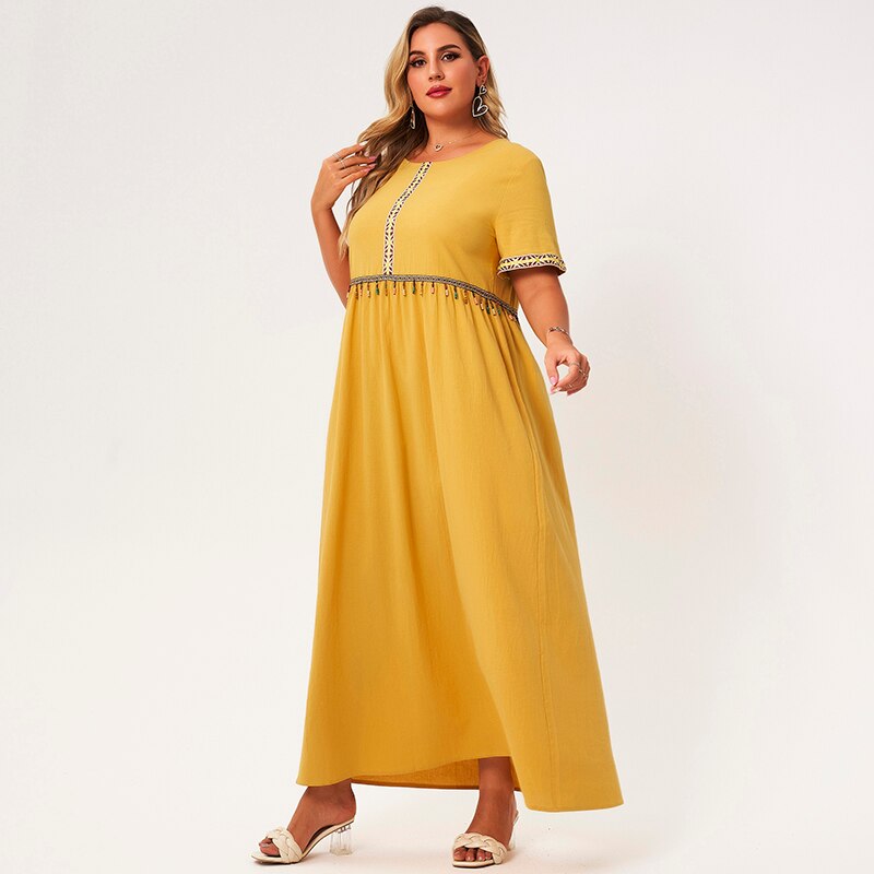 2021 New Summer Maxi Dress Women Plus Size Yellow Loose Braided Webbing Draped Beading O-neck Short Sleeve Elegant Holiday Robes
