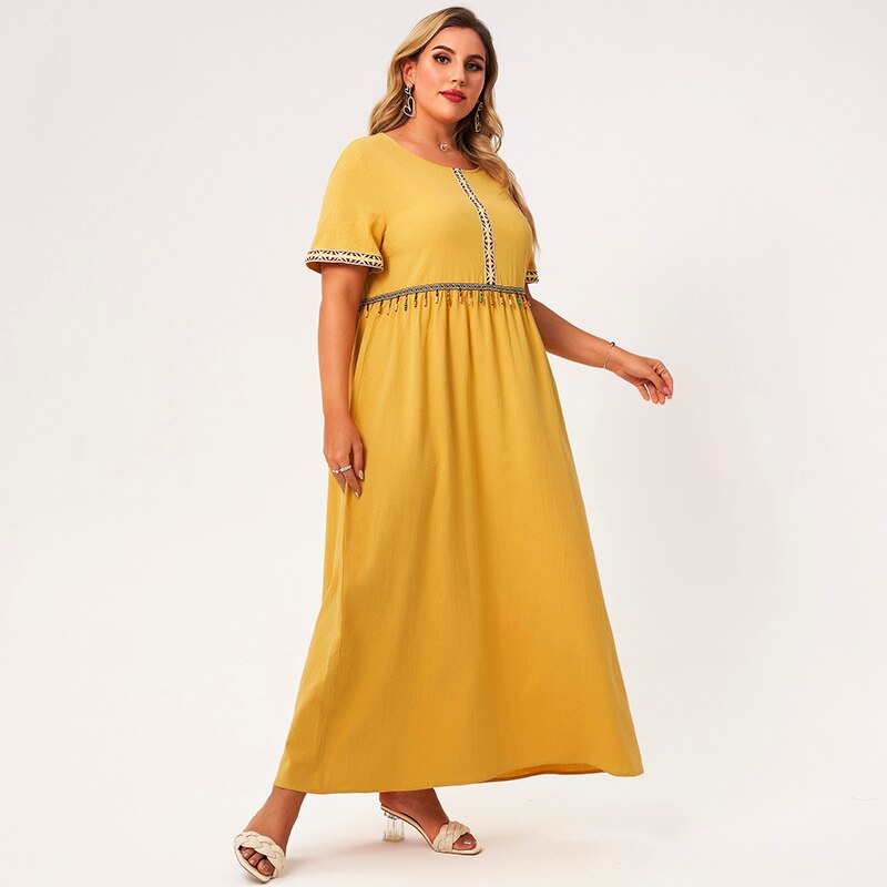 2021 New Summer Maxi Dress Women Plus Size Yellow Loose Braided Webbing Draped Beading O-neck Short Sleeve Elegant Holiday Robes