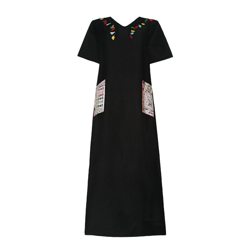 2021 New Summer Midi Dress Women Plus Size Long Black Tassel Geometric Print Pockets Short Sleeve V-neck Boho Casual Party Robes