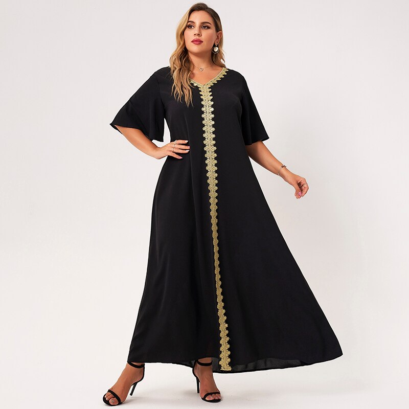 2021 New Summer Plus Size Dress Women Black Loose Embroidery Selvedge V-neck Ruffle Half Sleeve Elegant Vintage Party Robes 4XL