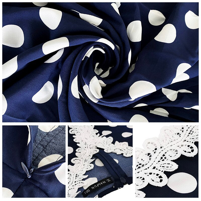 2021 Summer New Women's Maxi Dress Plus Size Dark Blue Bohemian V-neck Polka Dot Printing Lace Patchwork Short Sleeve Dresses
