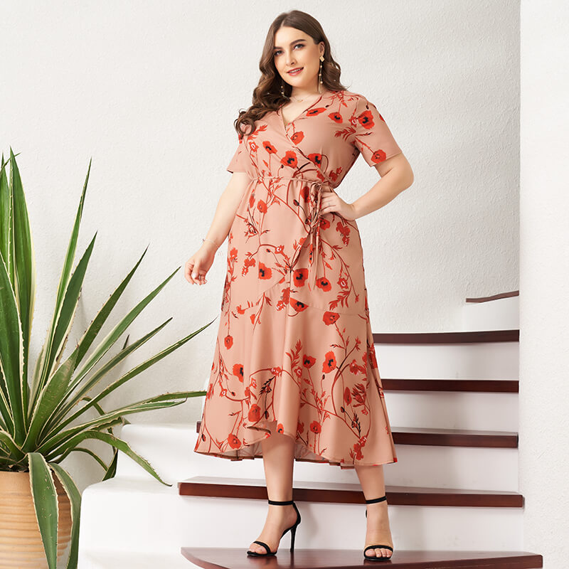 2021 Sweet Summer Women's Maxi Dress Coral Red Casual Floral Print V-neck String Belt Short Sleeve Holiday Dresses Plus Size 4XL