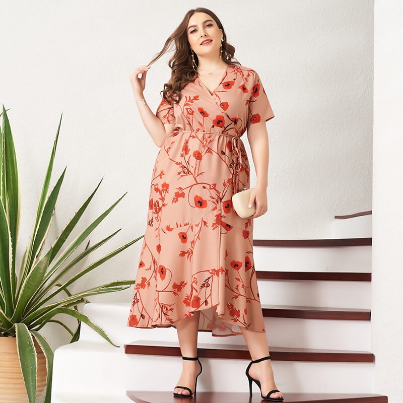 2021 Sweet Summer Women's Maxi Dress Coral Red Casual Floral Print V-neck String Belt Short Sleeve Holiday Dresses Plus Size 4XL