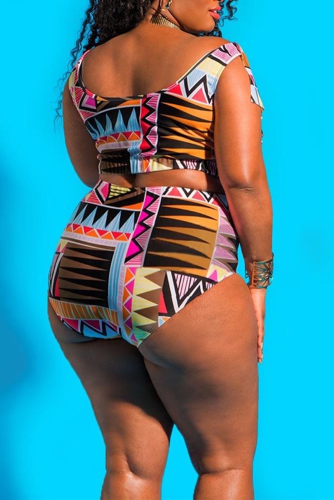 Plus Size Tropical Printed High Waist  Swimsuit