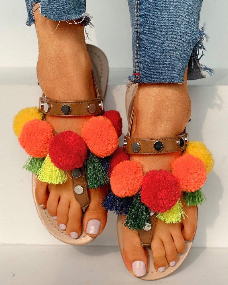 Colorful Fluffy Buckled Flat Sandals