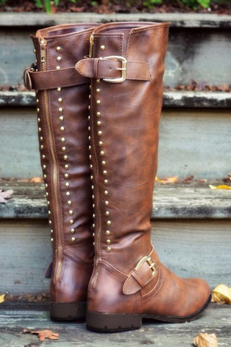 PU Leather Rivet Plain Heels Booties - Fashionaviv
