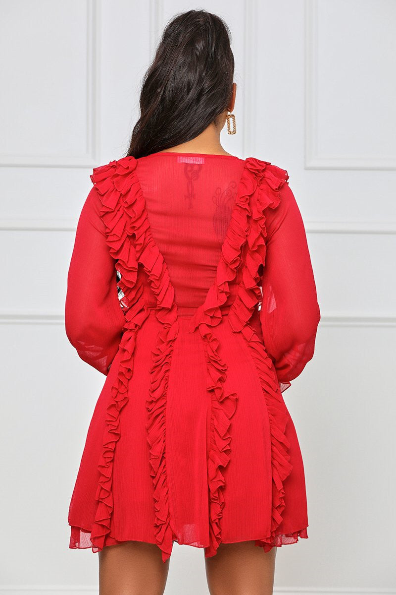 Plus Size Ruffle See Through Long Sleeve Mini Dress