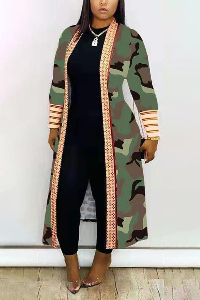 Plus Size Cardigan Leopard Print Camouflage Lips Print Polyester Print Long Sleeve Outerwear - Fashionaviv