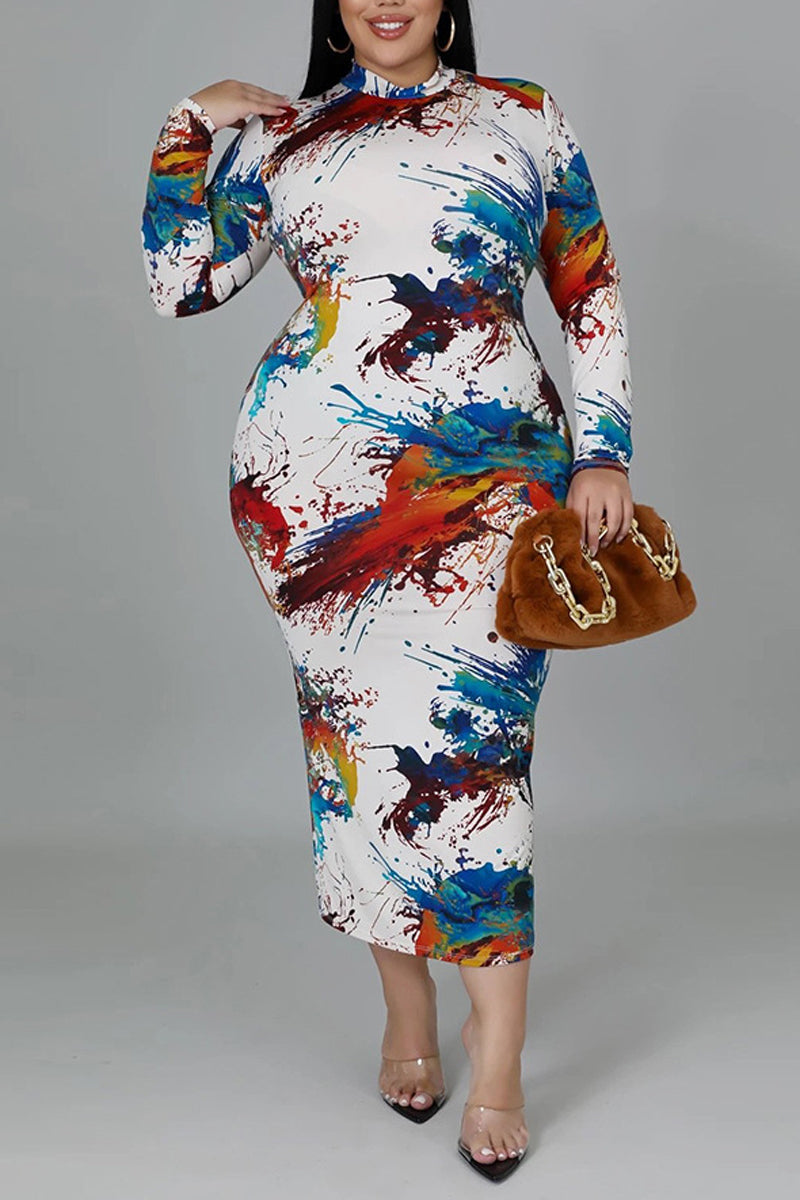 Plus Size All Over Print O Neck Long Sleeve Bodycon Midi Dress(Without Belt) - Fashionaviv