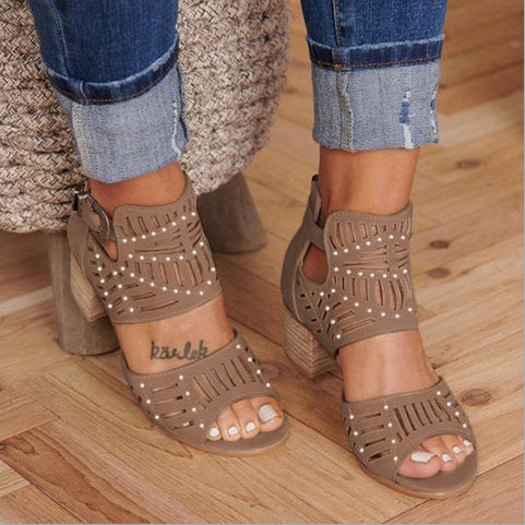 Casual Hollow Out Thick Heel Sandals Shoes - Fashionaviv