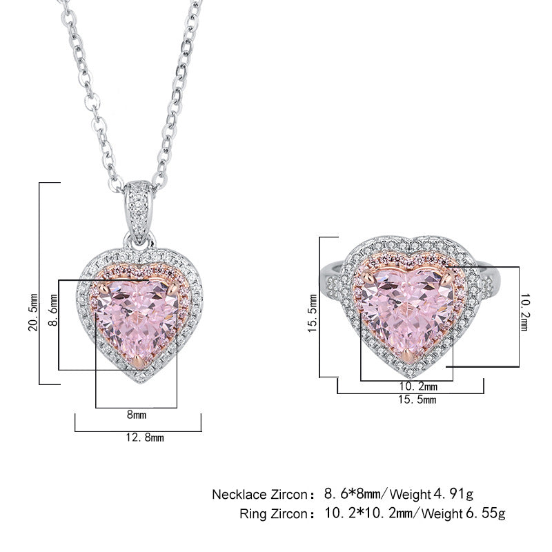 Pink  Heart Simulation Heart Zircon Necklace Set