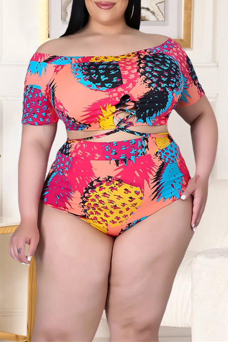 Plus Size Pink Tropical Print Hot Drilling Backless Off the Shoulder Swimwear