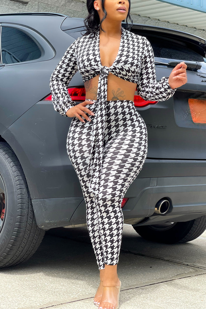 Plus Size Long Sleeve Casual Grids Printed Two-piece Pants Set
