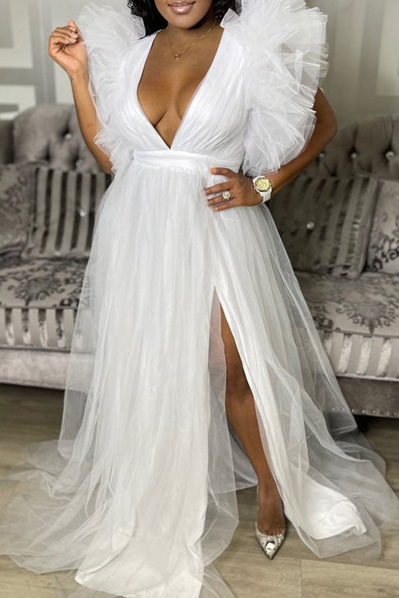 [Pre-Sale] Plus Size Sheer Tulle See-through Puff Sleeve Maternity Maxi Dress - Fashionaviv-Maternity Dresses-[product_label]
