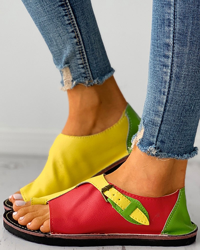 Colorblock Buckled Toe Ring Flat Sandals