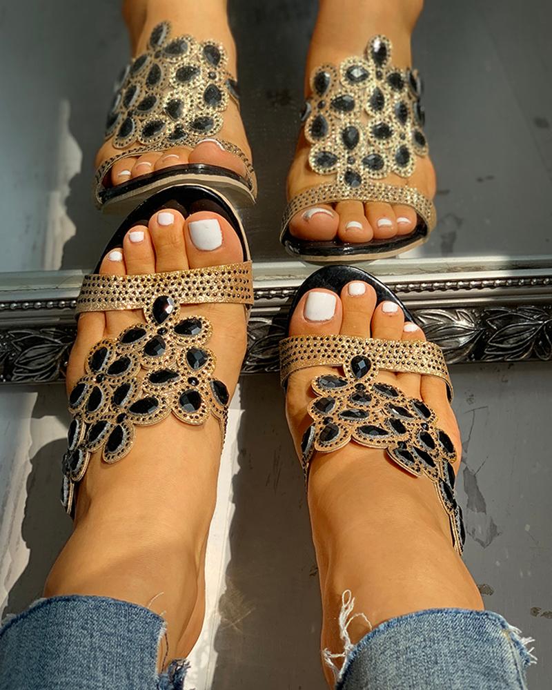 Studded Diamante Trim Chunky Heeled Sandals
