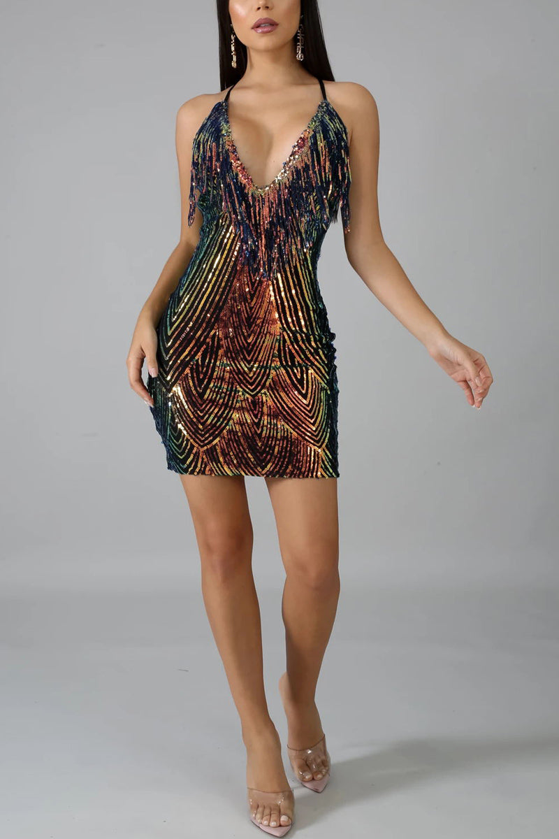 [Pre-Sale] Plus Size Sequin V Neck Fringe Cami Ball Party Gowns