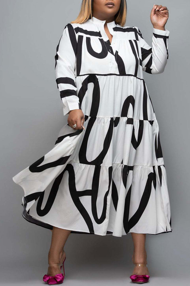 Plus Size Casual Printed Stitching V Neck Long Sleeve Midi Dresses - Fashionaviv-Midi Dresses-[product_label]