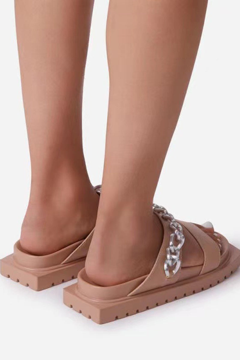 Casual Platform Solid Chain Square Toe Beach Slippers