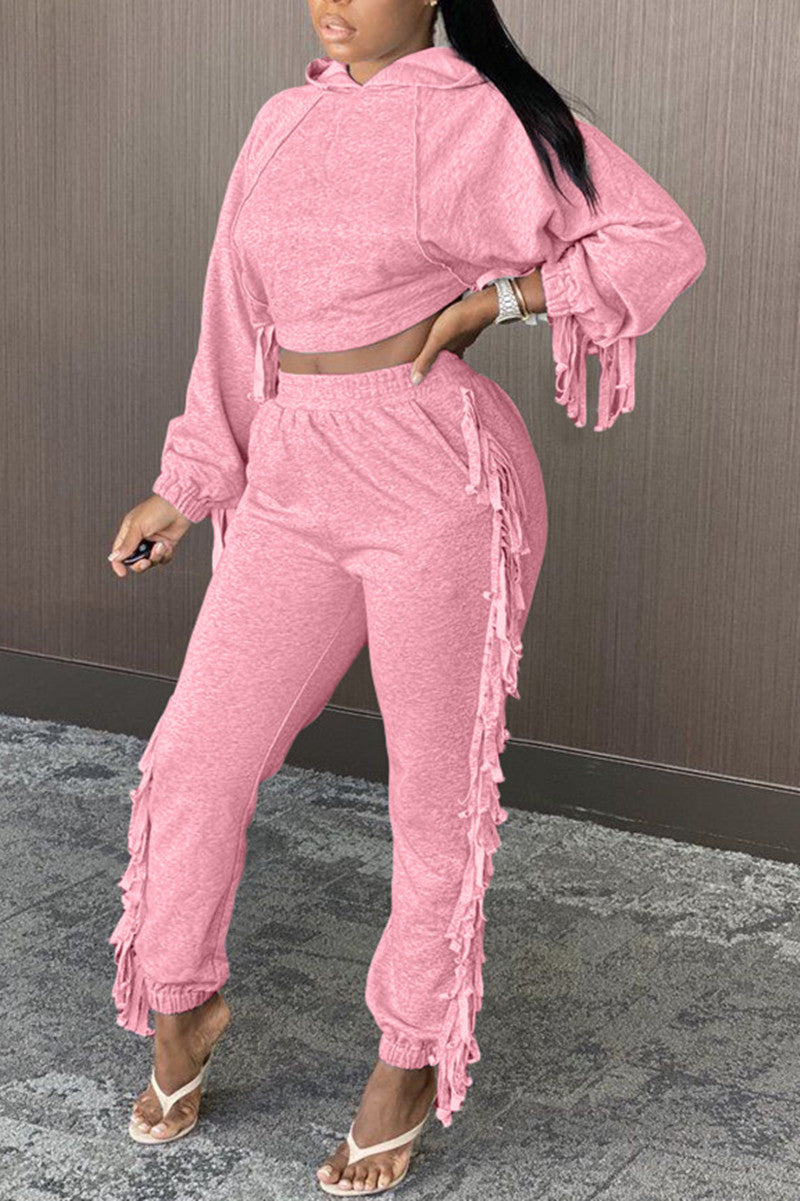Plus Size Casual Hoodie  Fringed Long-sleeved Trousers Sets