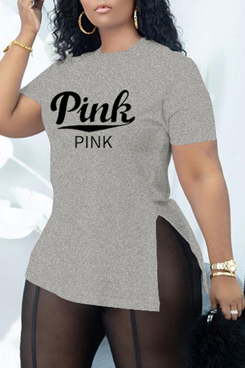 Plus Size Casual Letter Print Split Round Neck Short Sleeve T-shirts - Fashionaviv-T-shirts-[product_label]