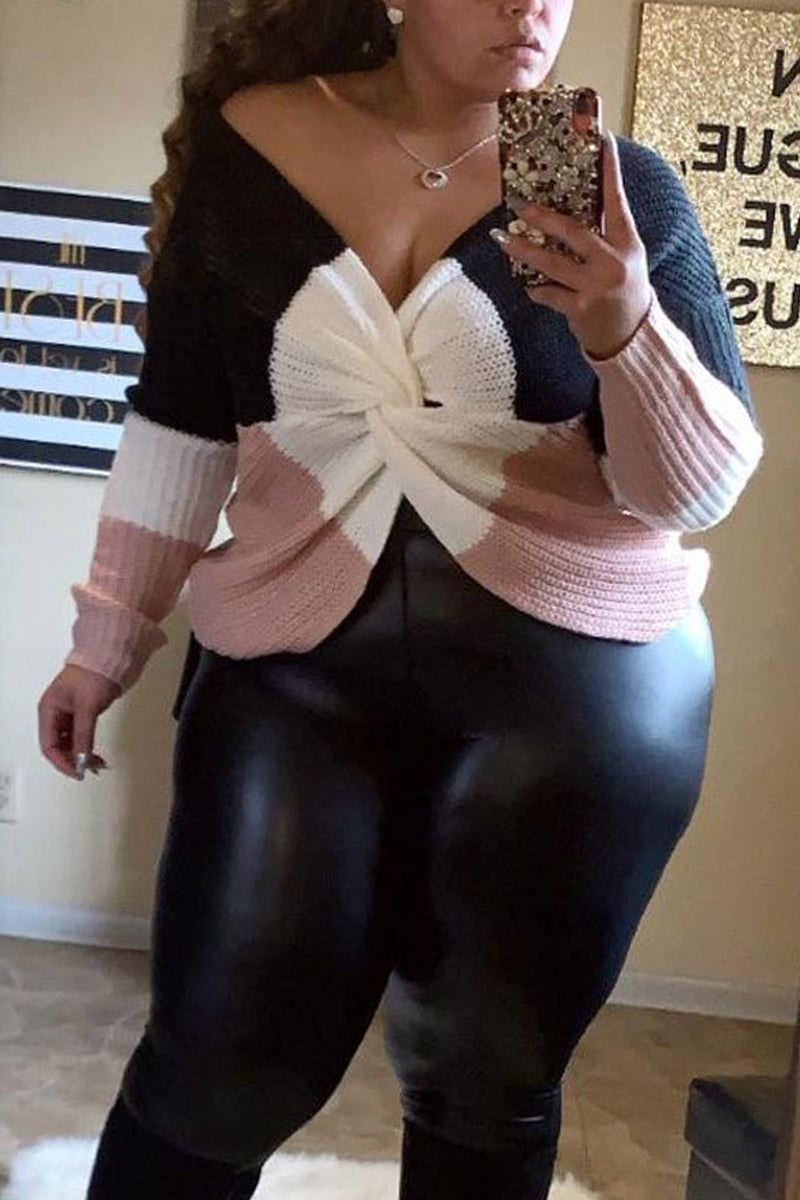 Plus Size Pleated Bow Decoration Color Block V Neck Sweater