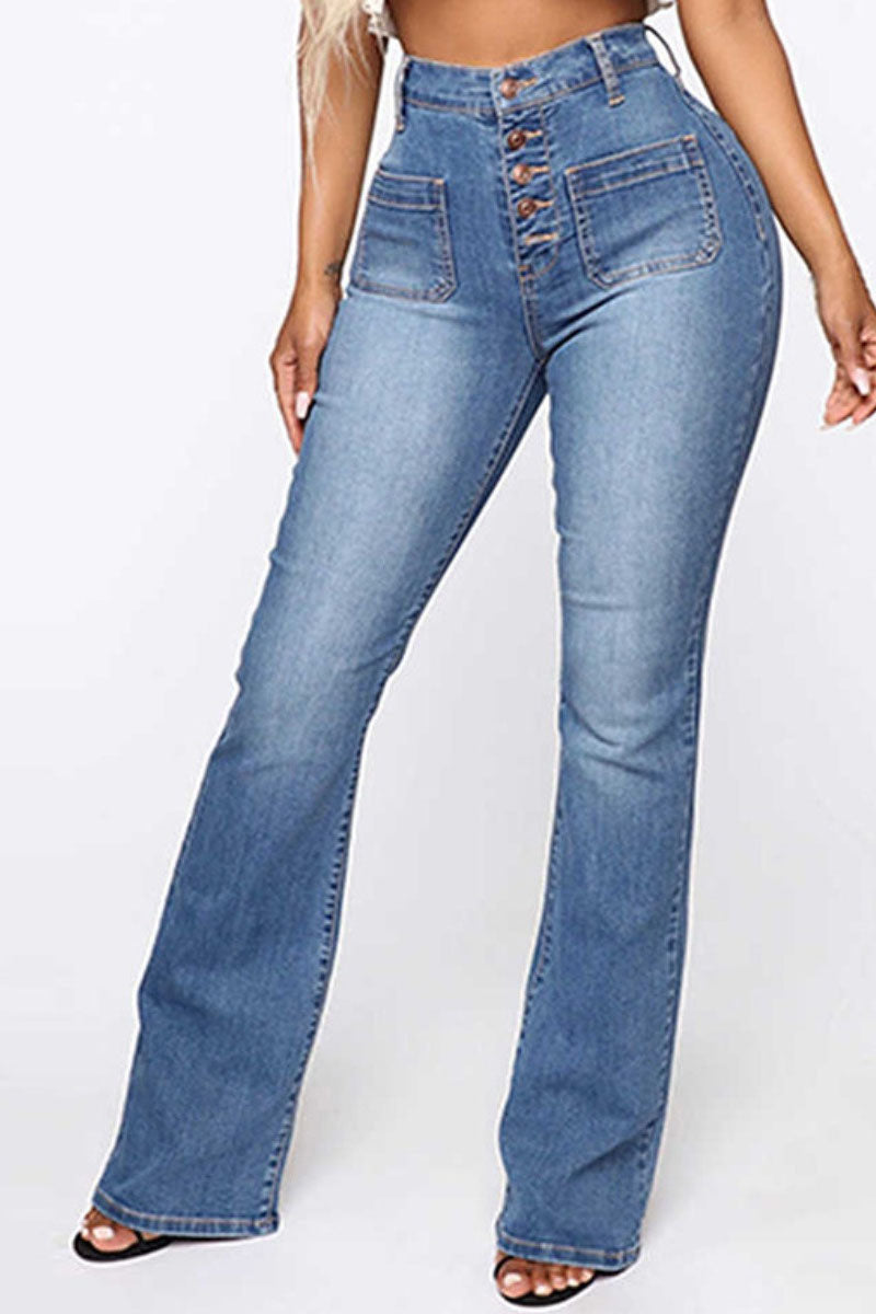 [Pre-Sale] Plus Size Blue Casual High Waist Front Button Jeans