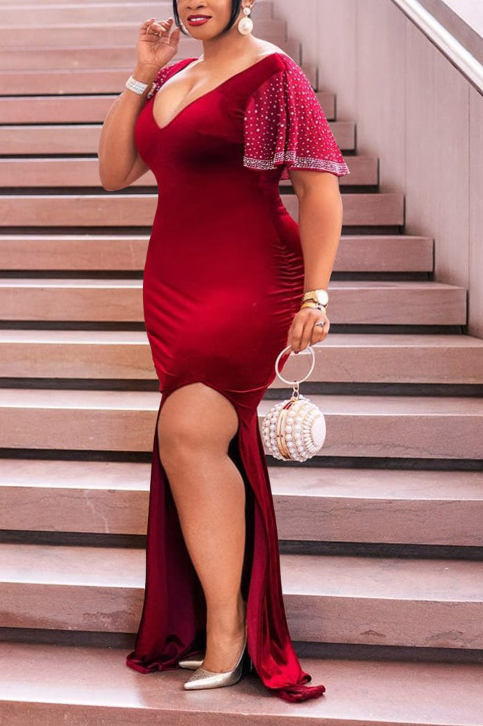 Plus Size Plain Dresses Ruffle Sleeves Hot Drilling Velvet Maxi Dress