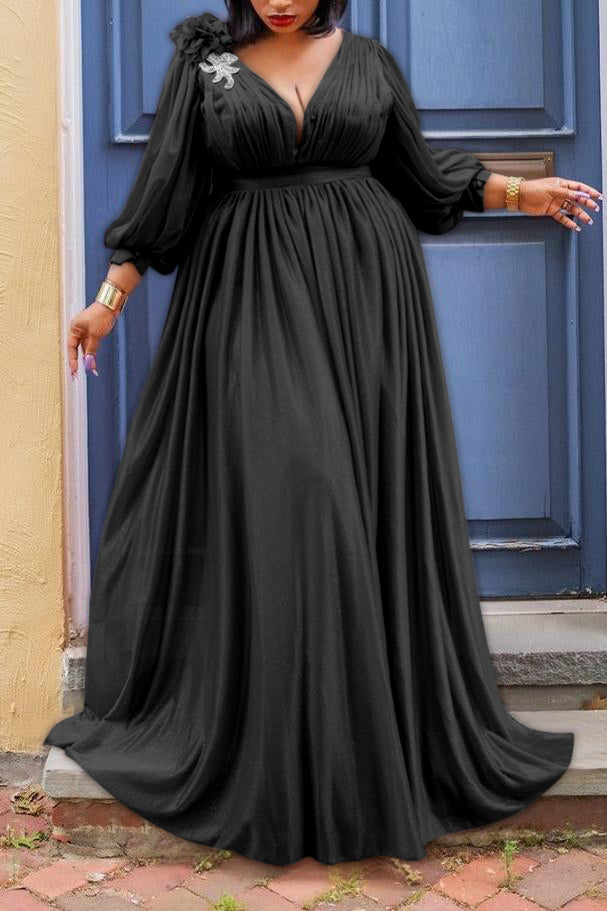 Plus Size Plain Dresses  Long Sleeve Lantern Sleeve Maxi Dress - Fashionaviv