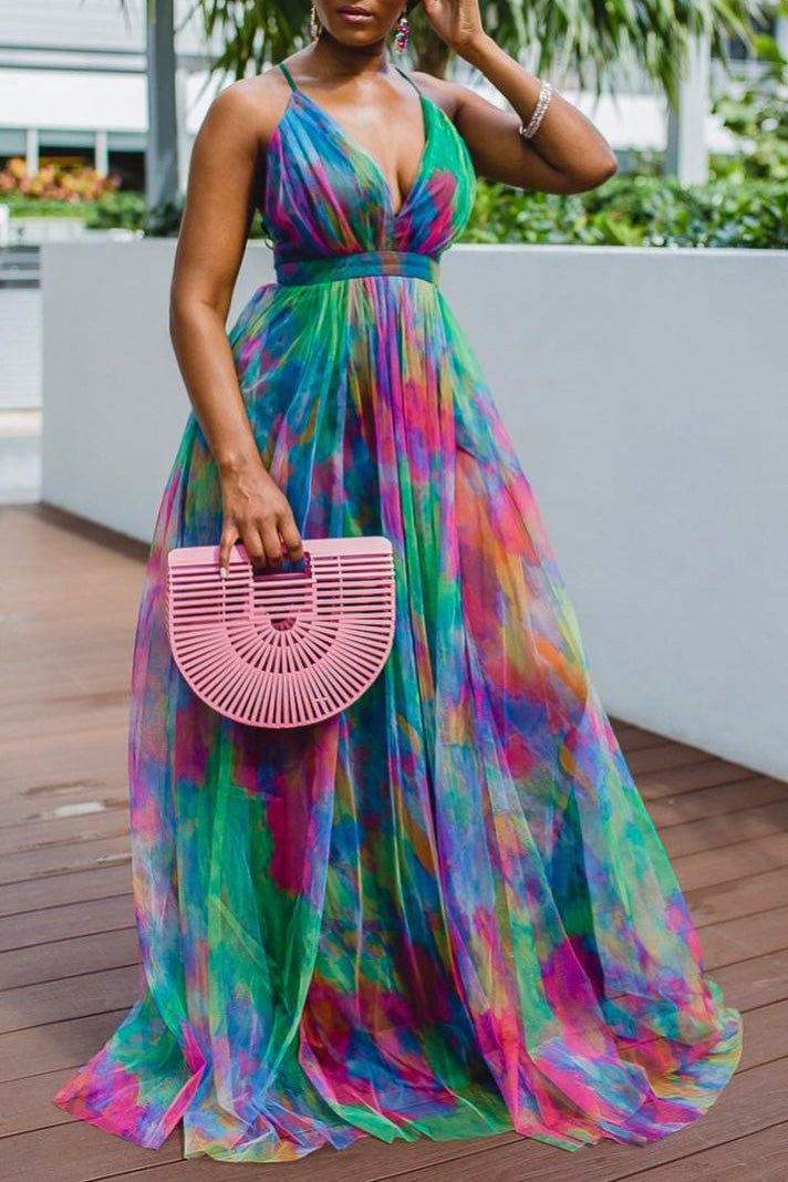 [Pre-Sale] Plus Size Tulle Dresses Sling V-neck Print Dress - Fashionaviv