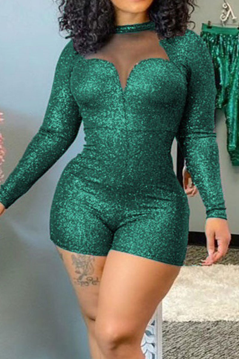 Plus Size Sequin Jumpsuits Sexy Solid Split Joint O Neck Skinny - Fashionaviv